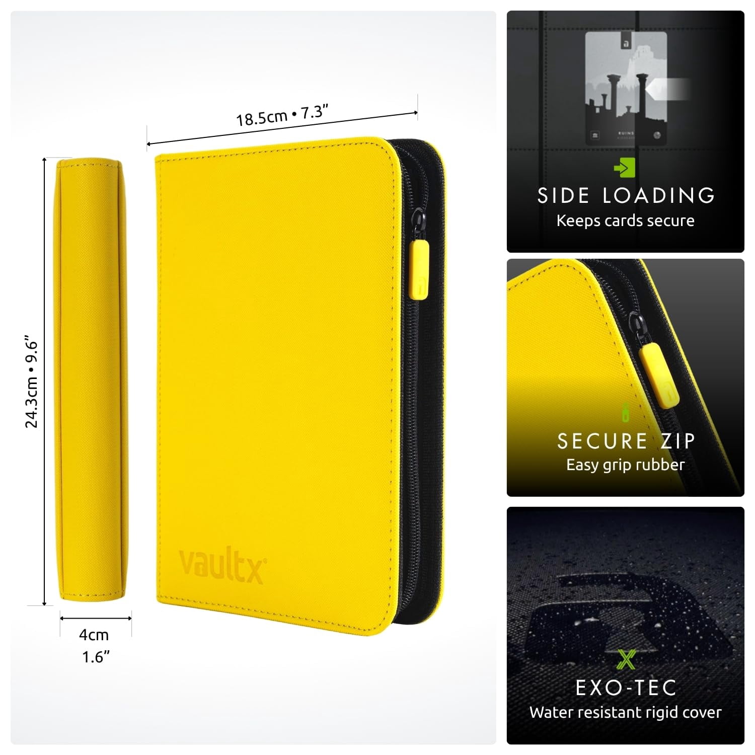 Vault X 4 Pocket Trading Card Zip Binder, 160 cards, Premium Exo-Tec Album Material, 20 Side-Loading Pages, Folder for Collectible Card Games, Sports, TCG (Yellow)
