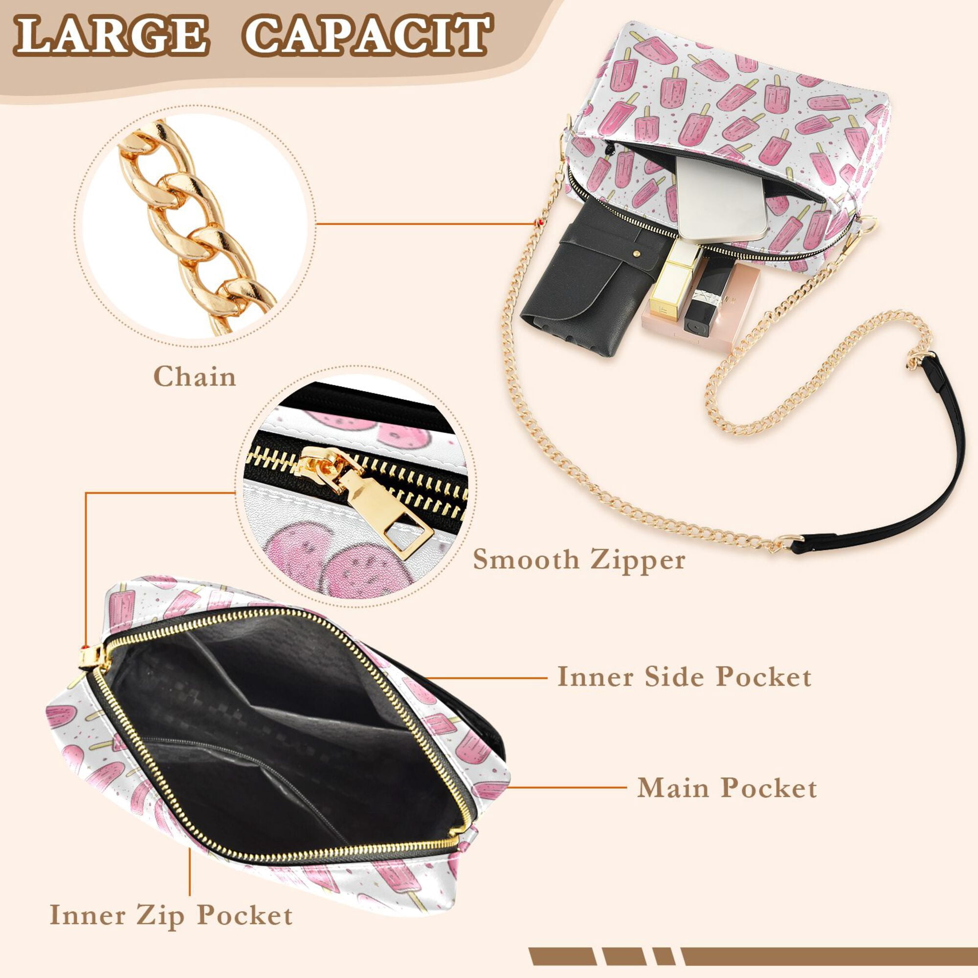 FORMRS Women Crossbody Purse with Chain Strap Vegan Leather Shoulder Handbag, Pink Popsicle Pattern