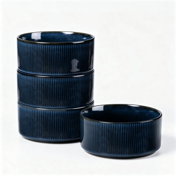 Vesteel Cereal Bowl for 4, 26oz Stoneware Soup Bowls with Textured Stripes, 4-Piece Ceramic Kitchen Bowls for Salad Fruit Pasta Soup, Dishwasher Safe & Microwave Safe, Ocean Blue