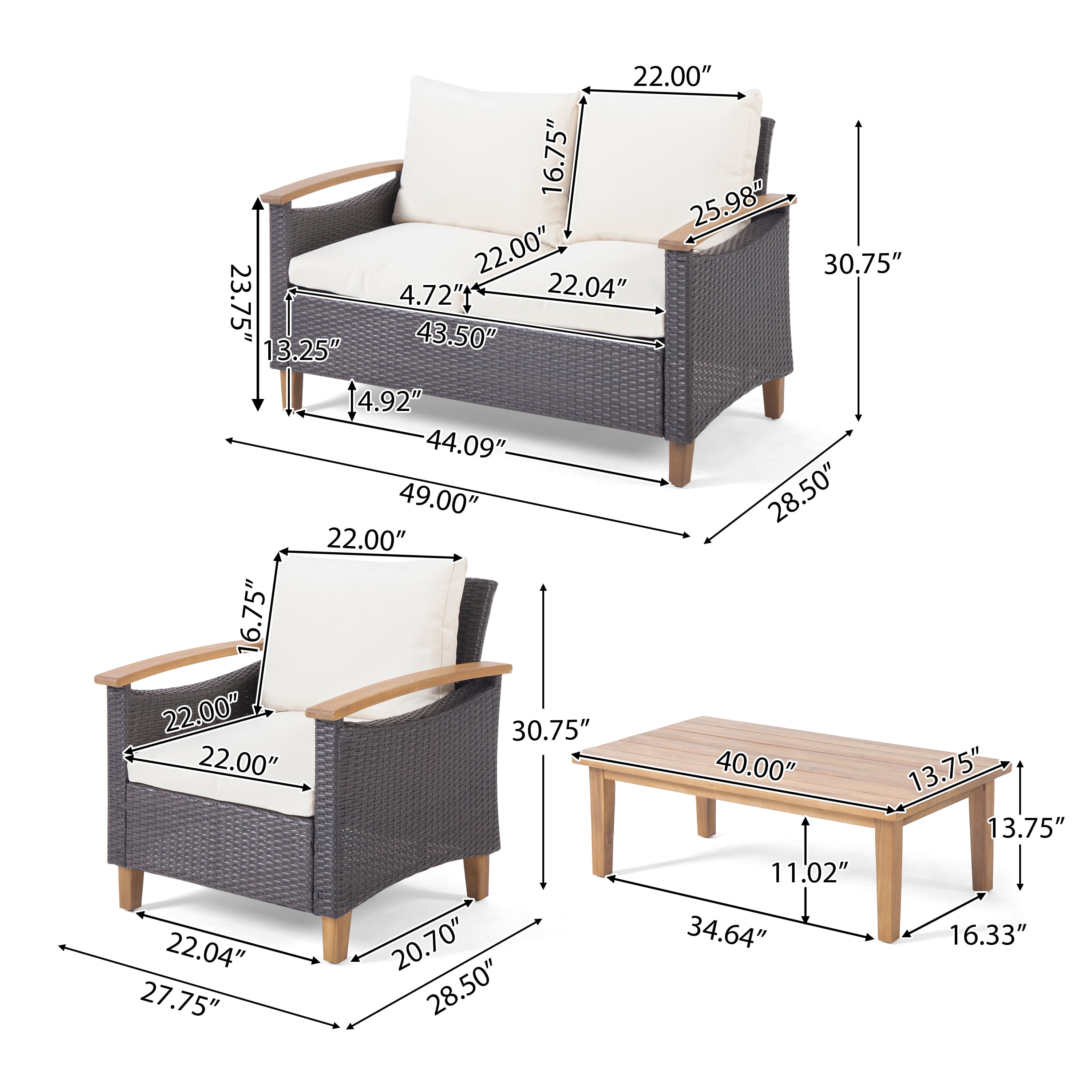 Outdoor Leisure Combination Seat Set, Wicker Weave Conversation Furniture for Patio Garden, Brown and Beige