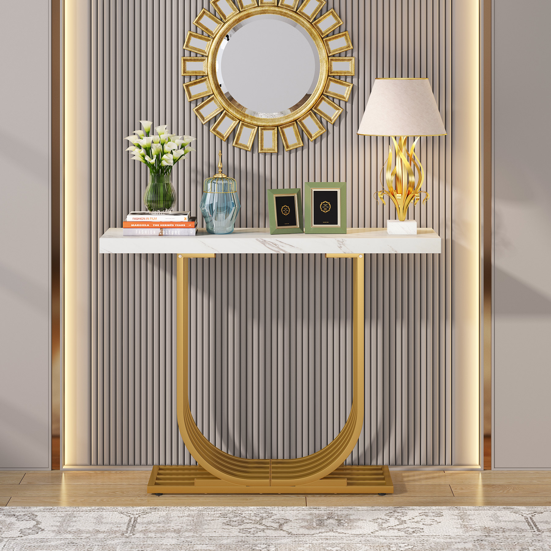 Tribesigns Modern Console Table, 40 Inch Modern Faux Marble Entryway Table with Gold Base, Narrow Accent Sofa Table with Geometric Metal Legs for Living Room, Hallway, Entrance, White & Gold - image 3 of 5