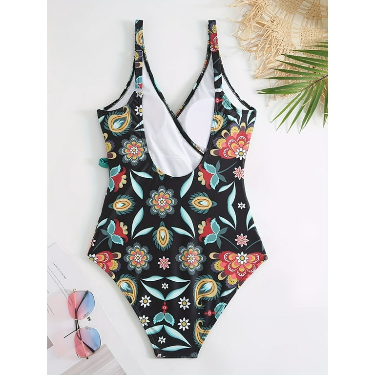 BERANMEY Women's Tropical Print One Piece Swimsuit with Cover up Beach  Skirt Sarong Two Piece Floral Printed V Neck Tummy Control High Cut  Monokini