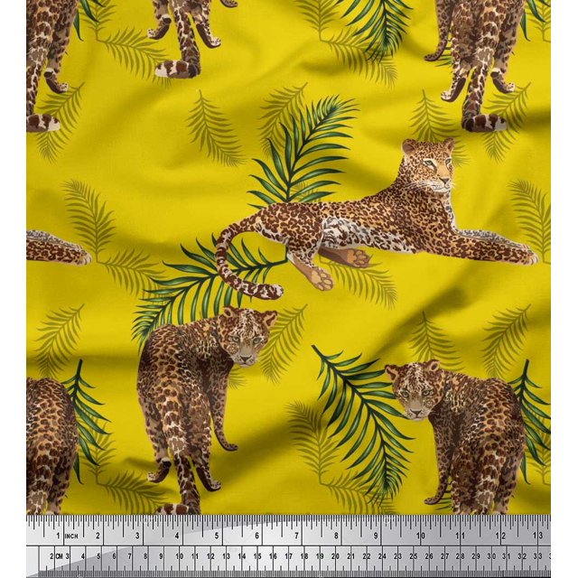 Soimoi Rayon Crepe Fabric Leaves & Leopard Animal Print Sewing Fabric Yard 46 Inch Wide