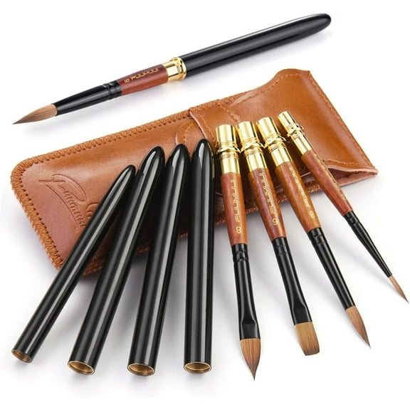 Fuumuui 4pcs Sable Watercolor Brushes - Travel Kit with Leather Pouch Perfect for Gouache Ink Painting