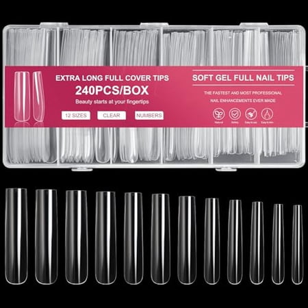 Extra Long Square Full Cover Nail Tips 240PCS XXXL Clear Full Cover Fake Nails False Nails 12 Sizes Tapered Square Press on Fake Nail Tips for Acrylic Nails Salons Home DIY with Box