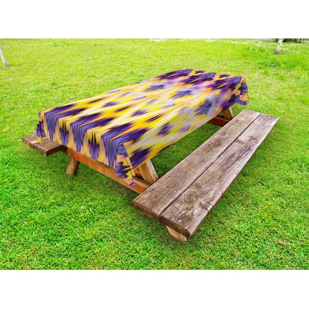 

Ikat Outdoor Tablecloth Ikat Pattern Dyeing Effect Illustration Resist of Colors Indonesian Boho Art Print Decorative Washable Fabric Picnic Tablecloth 58 X 120 Inches Purple Yellow by Ambesonne