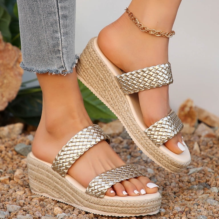 womens gold dress sandals Rokment Metallic Boho Espadrilles Platform Wedge for Women Fashion Casual Braided Leather Open Toe Chunky High Heels Beach Summer cocktail party Easy Street Women's Delite Dress