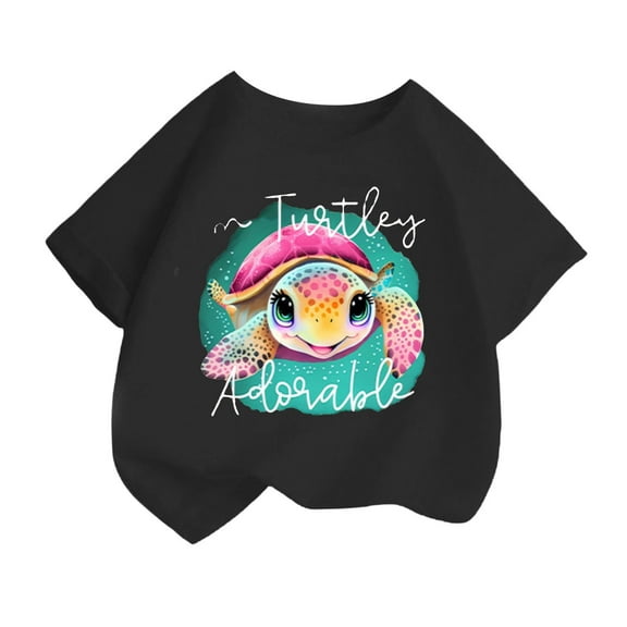 Curuila Kid Girls Tops Cartoon Print Crew Neck Short Sleeve Tee Summer Casual Loose T Shirt Black Size 2-4 Years