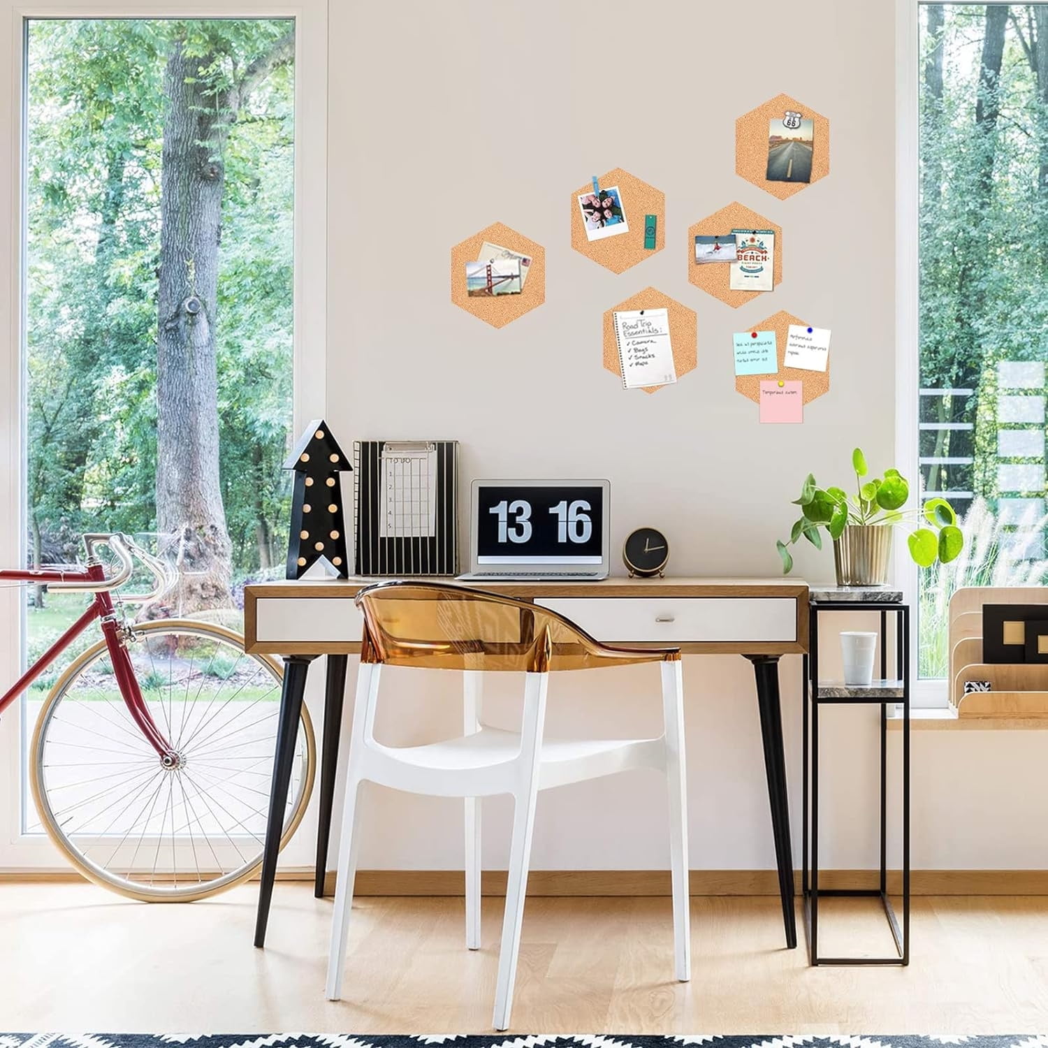 6 Pieces Hexagon Cork Board for Walls,Bexikou 20 x 17.5cm Cork Board Tiles,Self Adhesive Bulletin Board with 100 Pcs Push Pins for Pictures, Photos, Notes, Drawing, Memo