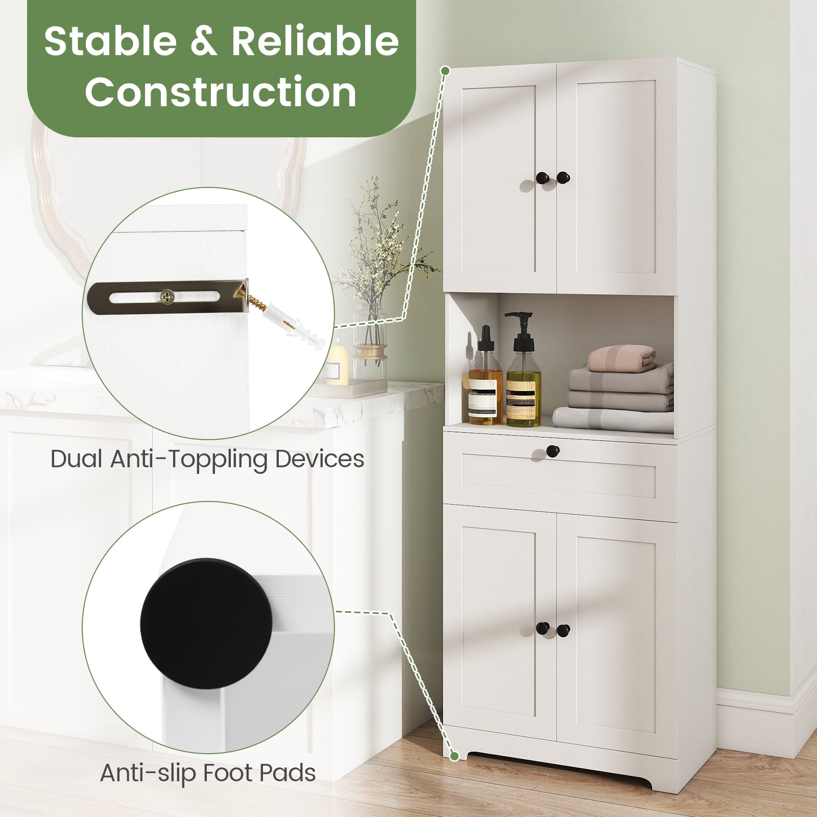 Gymax 67.5'' Kitchen Pantry Cabinet w/4 Doors 1 Drawer Open Countertop Adjustable Shelf White