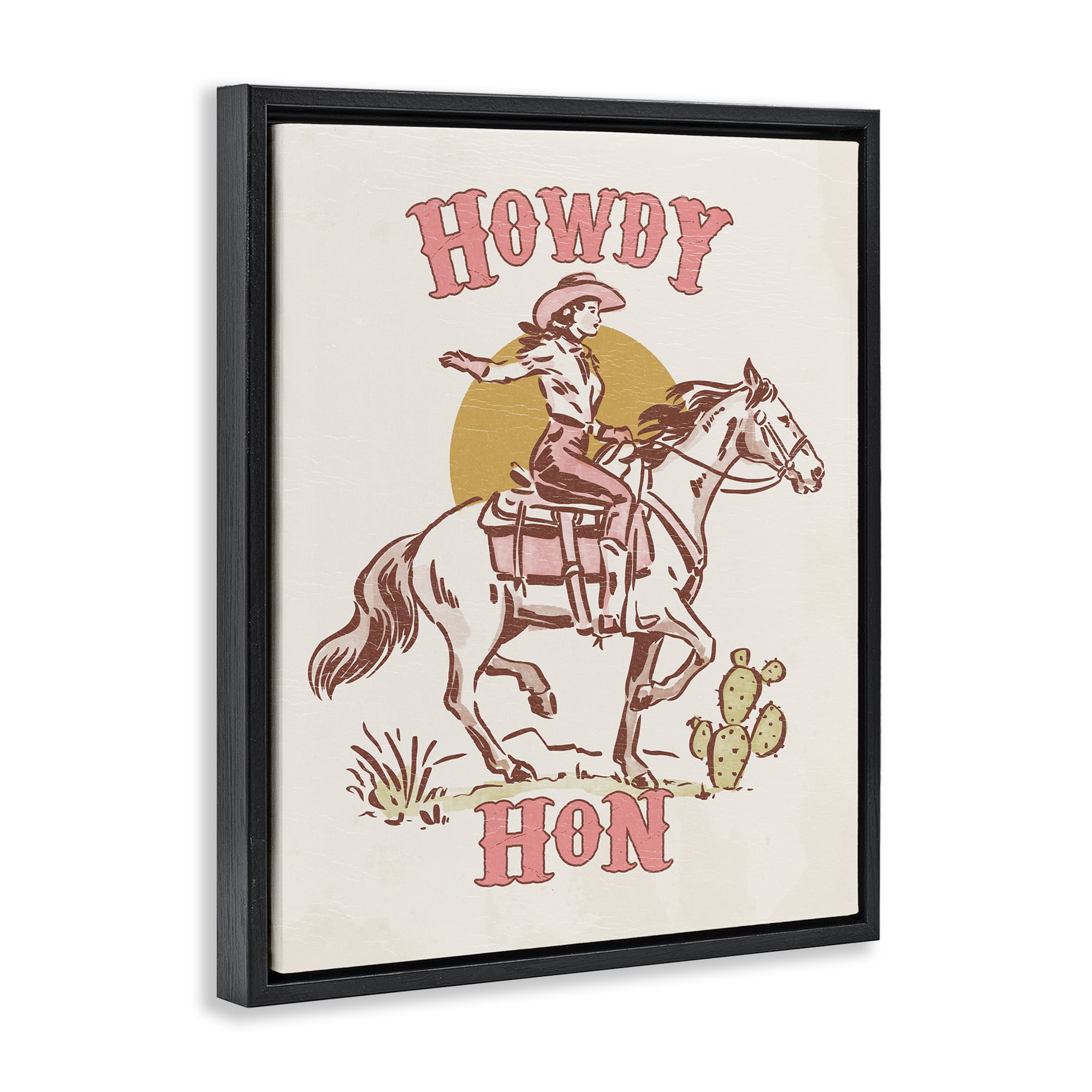 Stupell Industries Howdy Hon Cowgirl Entertainment Painting Black Floater Framed Canvas Art Print Wall Art, 25 x 31