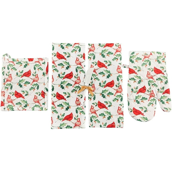Serafina Home Christmas And Holiday Kitchen Oven Mitt And Pot Holder Set: Traditional Cardinal Bird and Holly Print