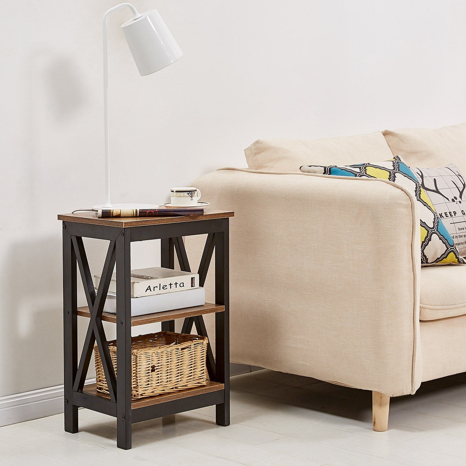 3 Tier Open Shelf Nightstand/End Table/Bedside Table with Storage Shelf X Shaped Metal Frame
