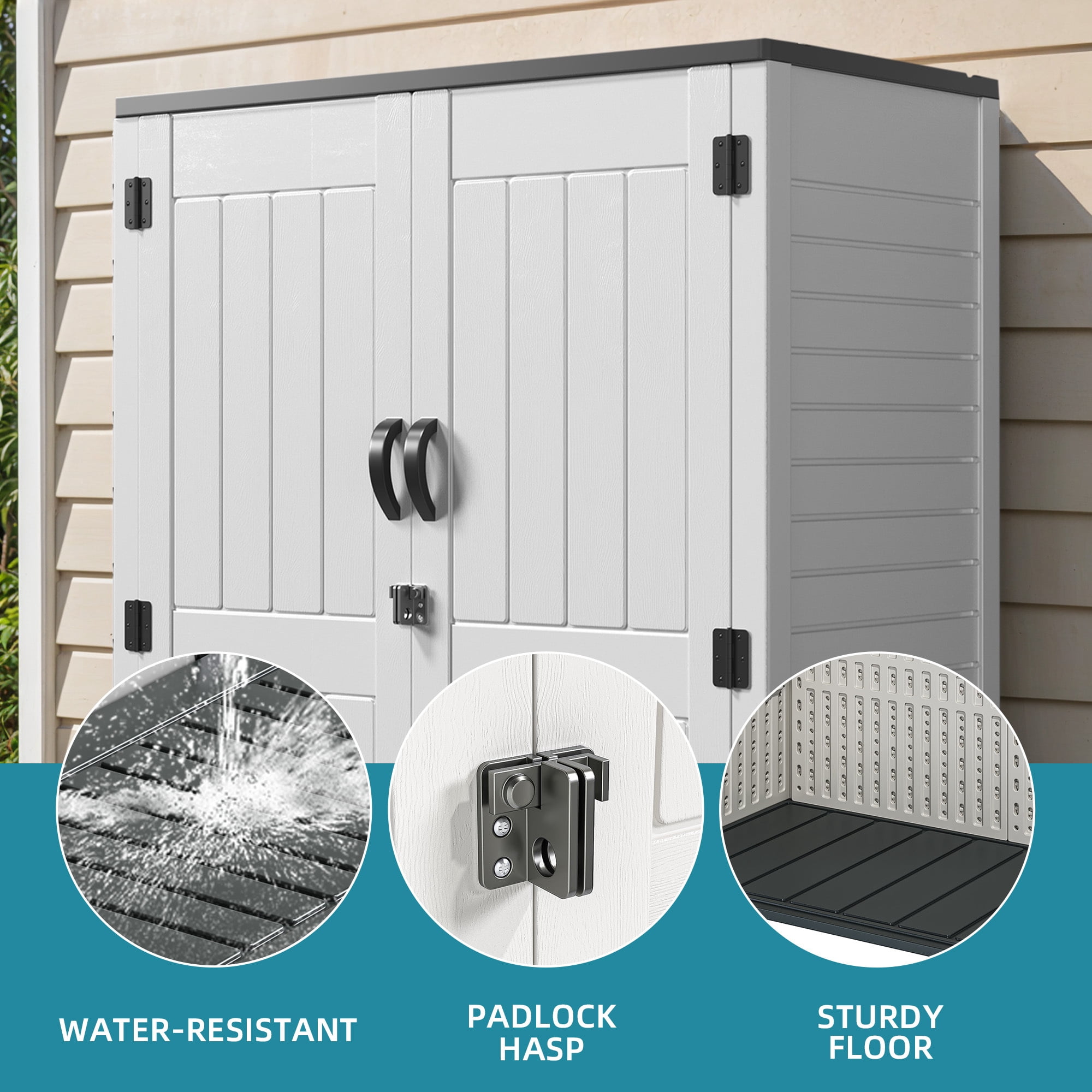 Uforic 59 Cu. Ft. Vertical Outdoor Storage Shed, Weatherproof Resin Cabinet with Double-Wall Panels & Floor, Lockable, Light Gray (Shelves Not Included)