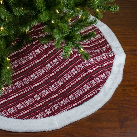 Northlight 48" Red and White Knitted Snowflake Lodge Christmas Tree Skirt