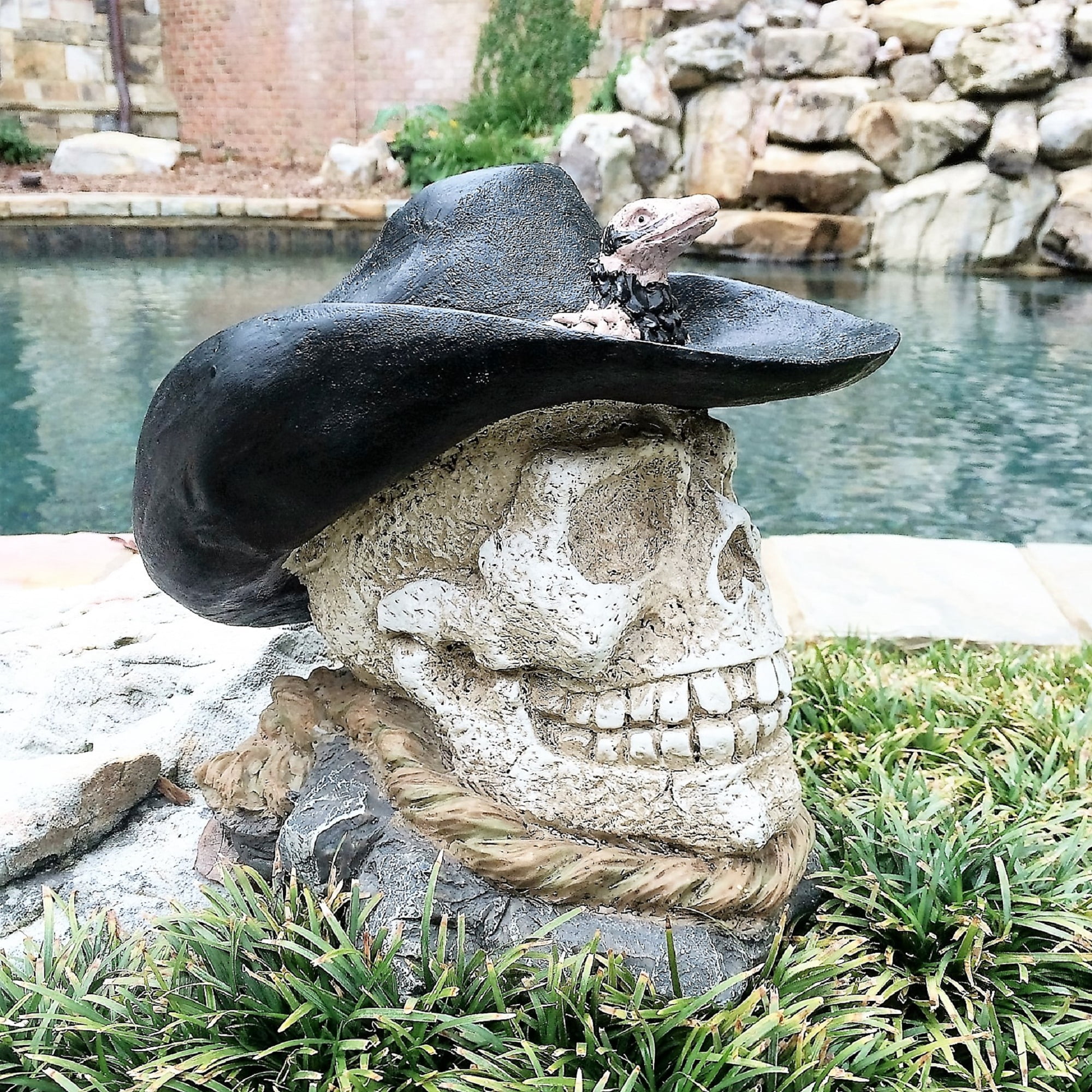 Homestyles 12 in. Cowboy Skull with Rattle Snake Hat Band Nautical Beach Garden Statue