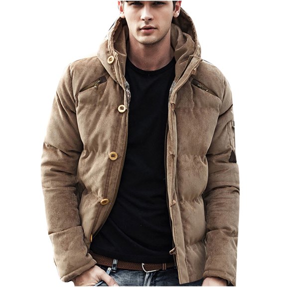 IYTR Men's Corduroy Hooded Thicken Coat Casual Thicken Down Jacket Solid Color Zipper Button Hooded Neck Jacket Long Sleeve with Pockets Khaki M