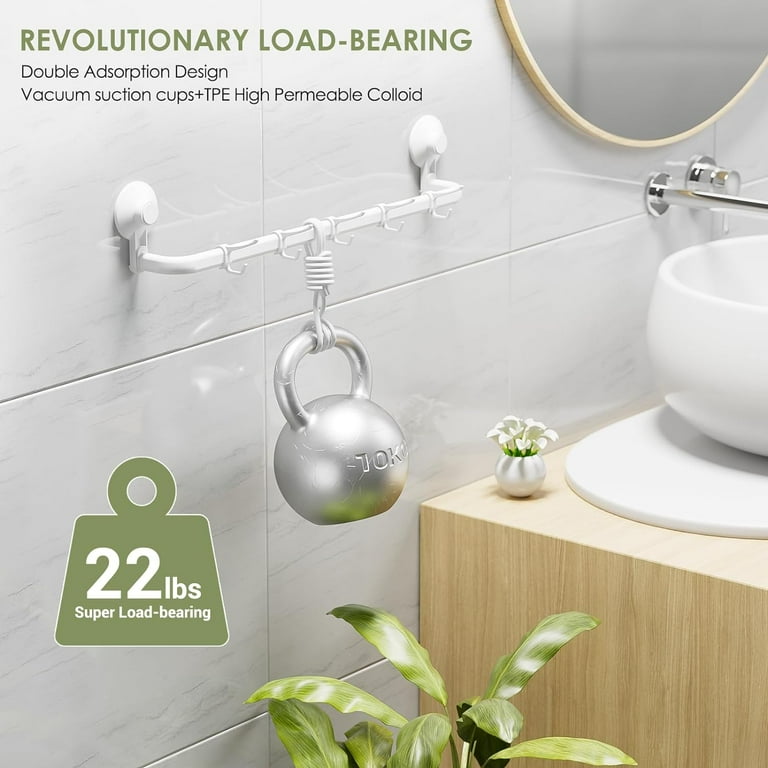 LUXEAR Suction Cup Towel Bar 24 12 Inch Adhesive Bathroom Towel Rack No Drill Hand Towel Holder with 5 Sliding Hooks Heavy Duty Waterproof Wall