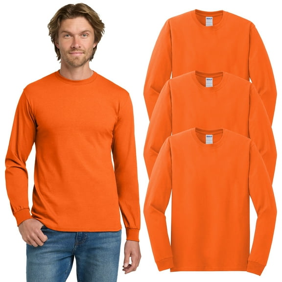 Gildan Heavy Cotton Men Long Sleeve T-Shirt, Hi Vis Safety Orange Workwear Tee, 3 Pack, L