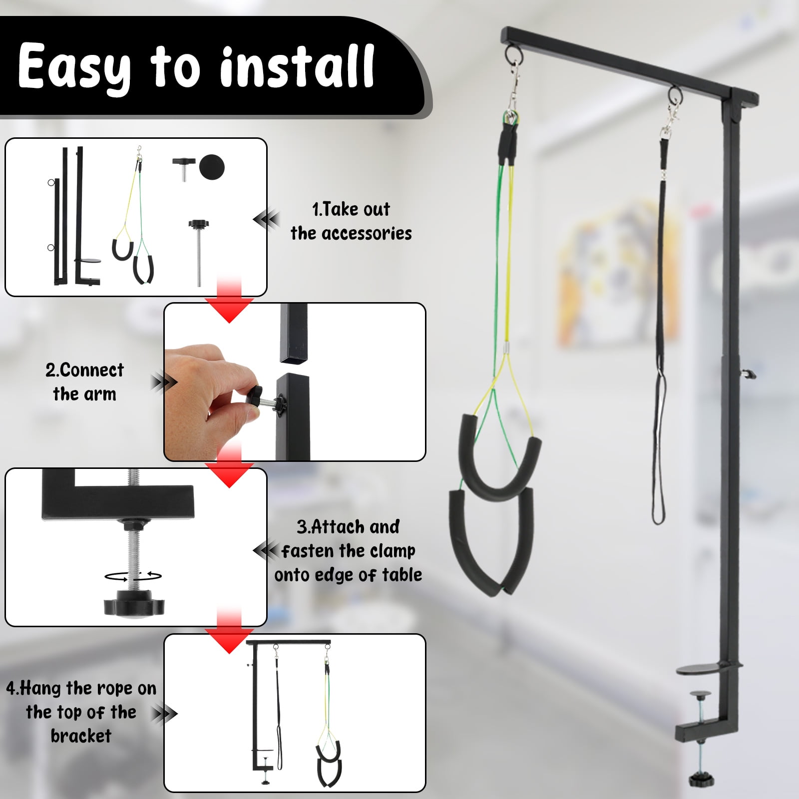 Wekvgz Dog Grooming Table Arm with Clamp Adjustable Iron Pet Grooming Arm Space Saving Dog Grooming Harness Stand for Trimming Drying Nail Clipping Haircut (Table Not Included)