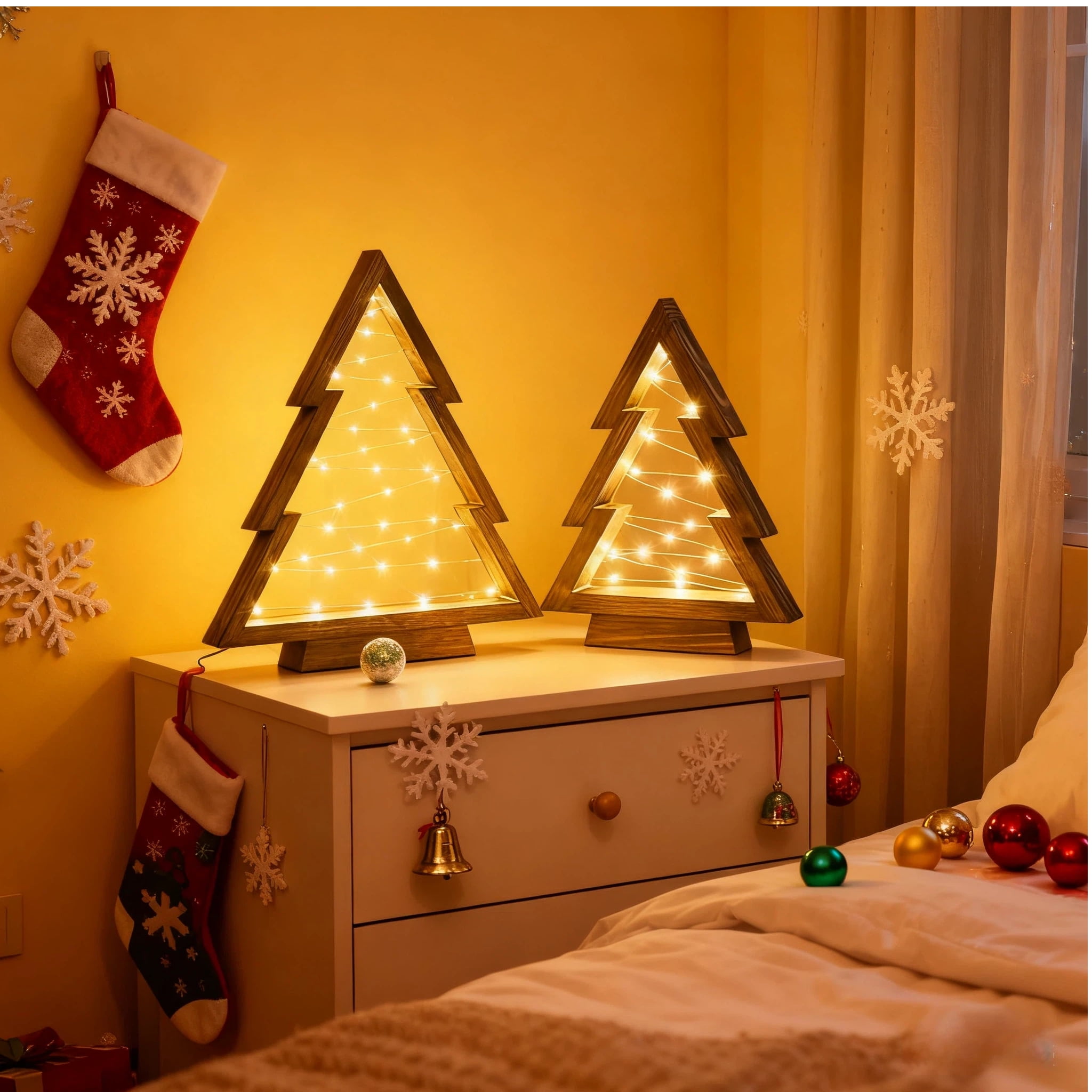 Under 50 Dollars! 2Pcs Christmas Tree Gold LED Wooden Light, Modern Farmhouse Tabletop Christmas Decor, Table Fireplace Mantle Shelf Decorations, Gifts for Women Men Friends(14.3" and 10.7" Tall)