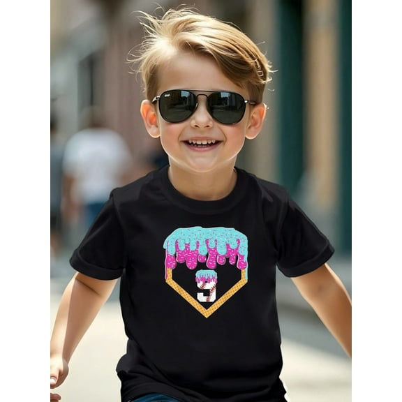 9 Years Old with Icecream Drip Cartoon Graphic T-shirts for Outdoor Sports and Daily Wearing, Young Girls T-Shirts, Size from 3-13Y