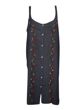 Mogul Womens Groovy Summer Gypsy Hippie Chic Rayon Shift Dress Black Button Front Beach Wear Womens Tank Dress M