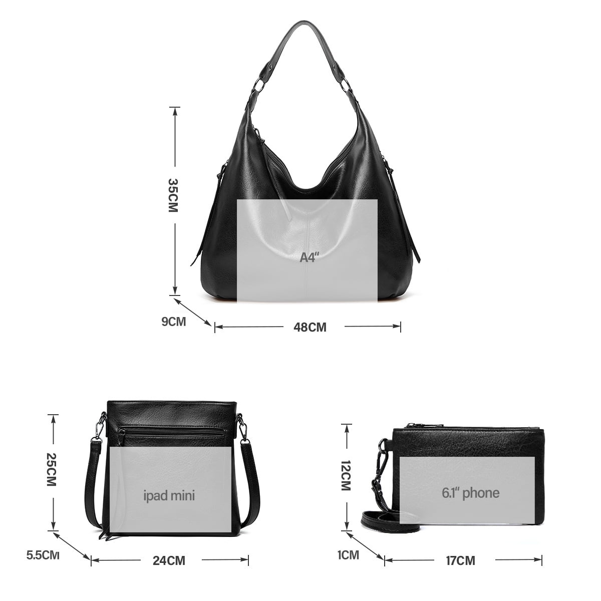 SENDEFN Women's Leather Crossbody Hobo Bags with Wristlet, Black, 3-Piece