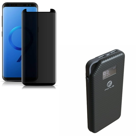 Compatible With Samsung Galaxy S9 - Anti-Peep Privacy Tempered Glass Screen Protector 3D w 10000mAh Slim Backup Portable 2-Port USB Battery Charger