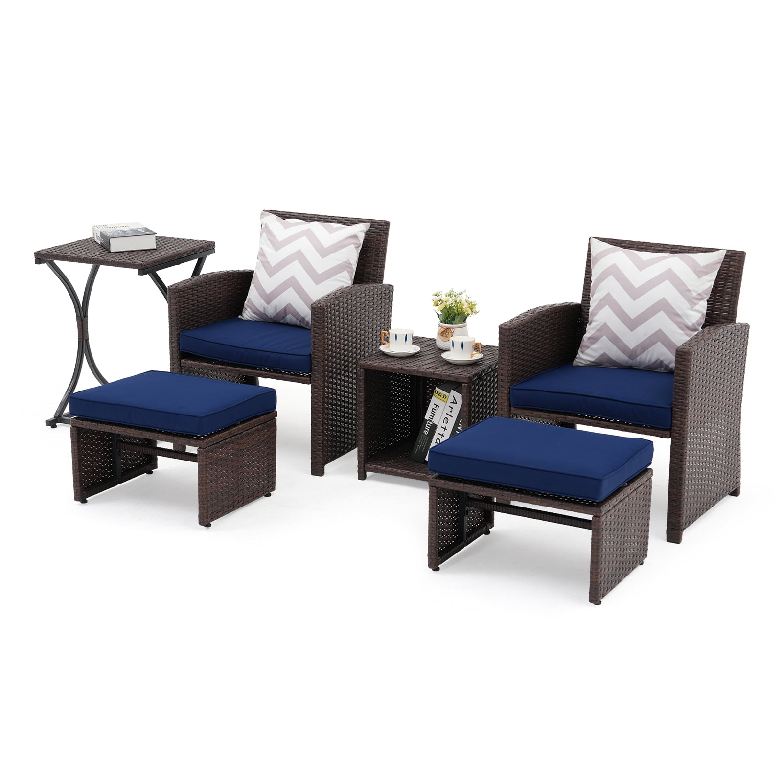 JOIVI 6-Piece Patio Wicker Furniture Set, Patio Furniture Set with Cushioned Ottoman and Coffee Table, Navy Blue & Brown