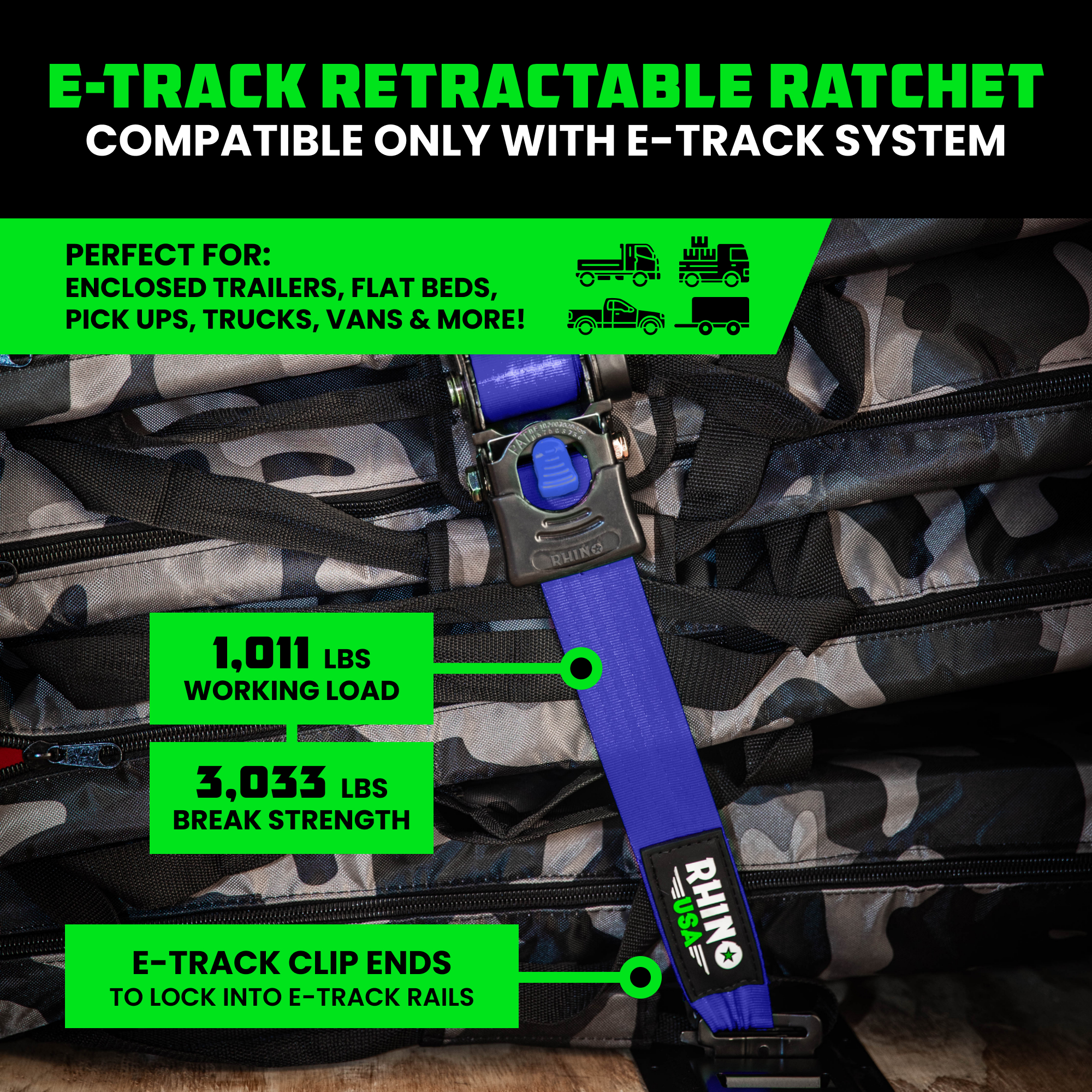 Rhino USA 2" x 10' E Track Retractable Ratchet Tie Down Straps - 3033lb Break Strength (Blue 4Pack)
