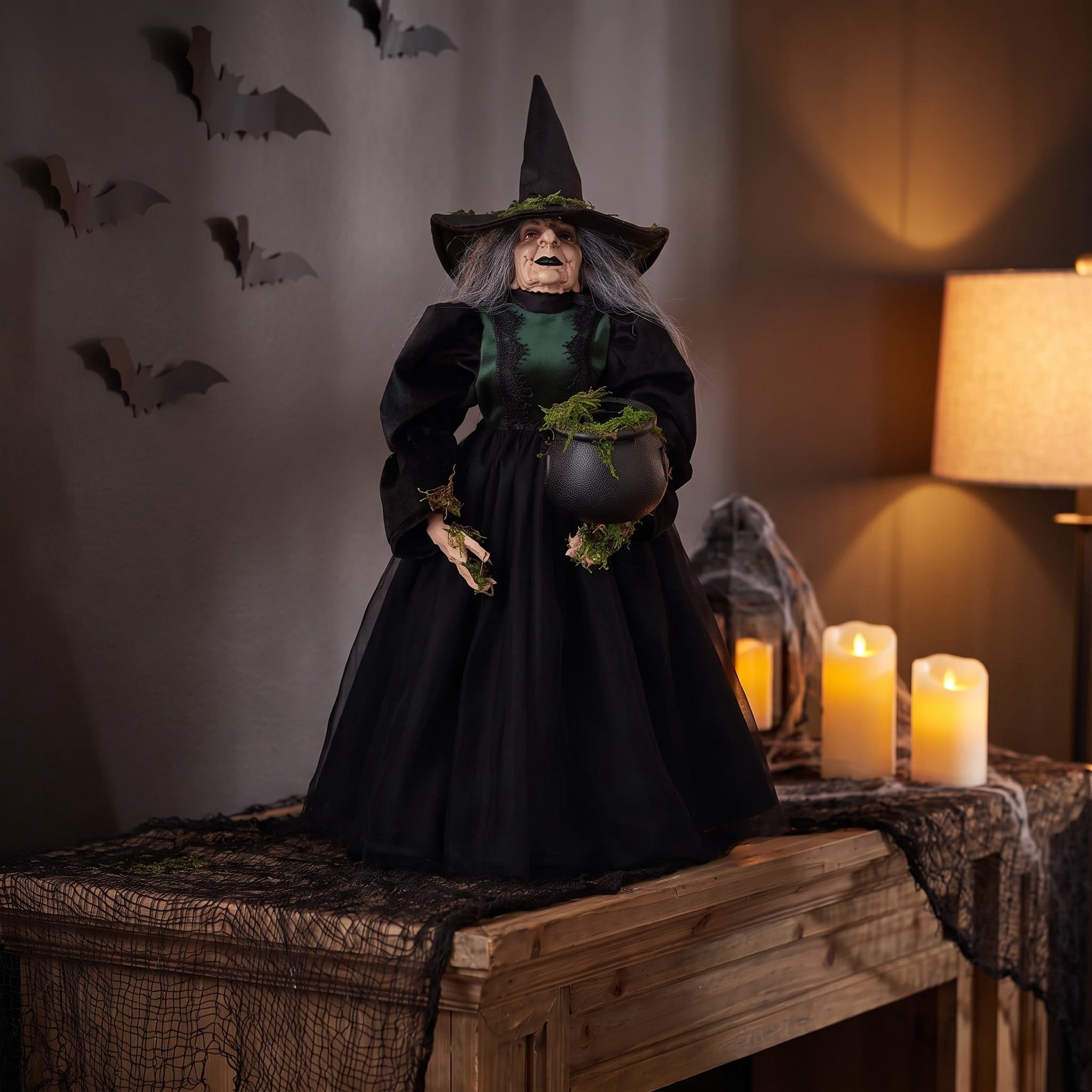 Fabric Witch Figurine with Moss Cauldron Decoration, Black, 17.6", Halloween by Way To Celebrate