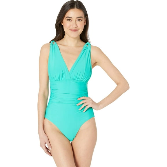 Athena Womens Solid Over The Shoulder Surplice One-Piece Jade 14