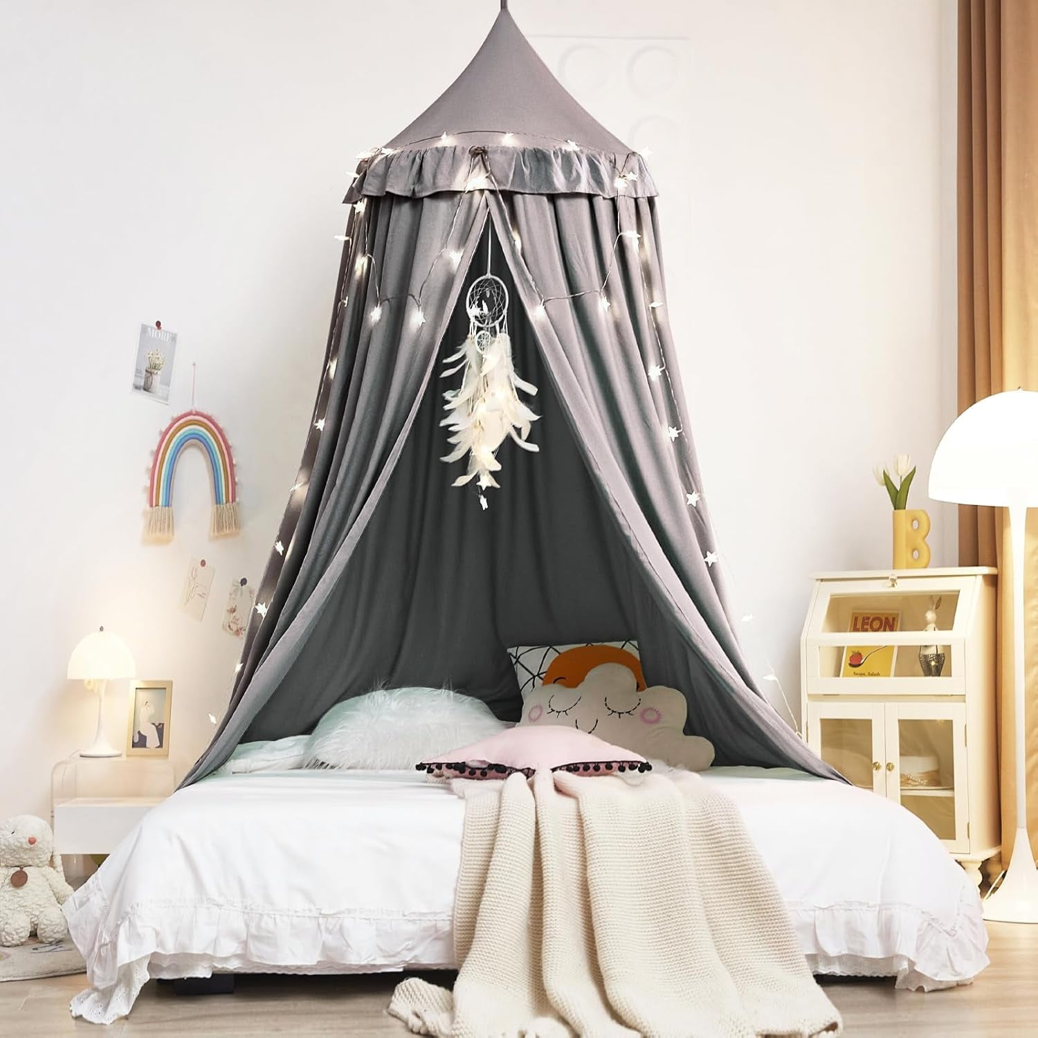 Decor Canopy for Kids Bed, Soft Smooth Playing Tent Canopy Girls Room Decoration Princess Castle, Dreamy Mosquito Net Bedding, Children Reading Nook Canopies in Home (Gray)