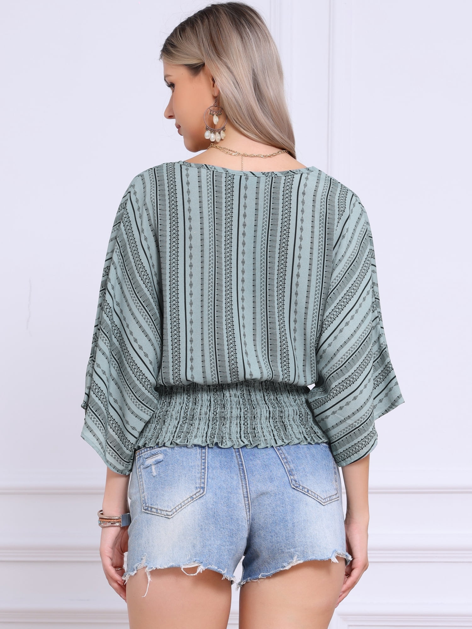 DARING DIVA Women's V Neck Chiffon Smocked Batwing Blouses M Light Gray Green