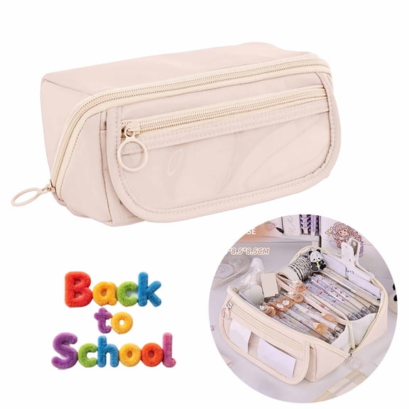 FEOLGEHLY Large Capacity Cute Pencil Case with Zipper and Multi-Layer, Wear-resistive Portable Pencil Pouch, Easy to Clean, Stylish Durable Soft Pen Box Storage Bags for Traveling Office(Beige)