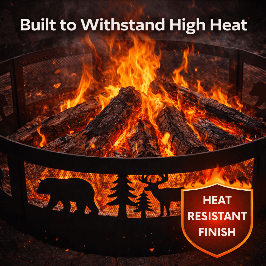 Fire Chief 36 Inch Fire Pit Ring – Heavy Duty Wood Burning Fire Ring Insert with Decorative Wildlife Design – Outdoor Steel Campfire Bonfire Pit Insert for Backyard Patio Camping