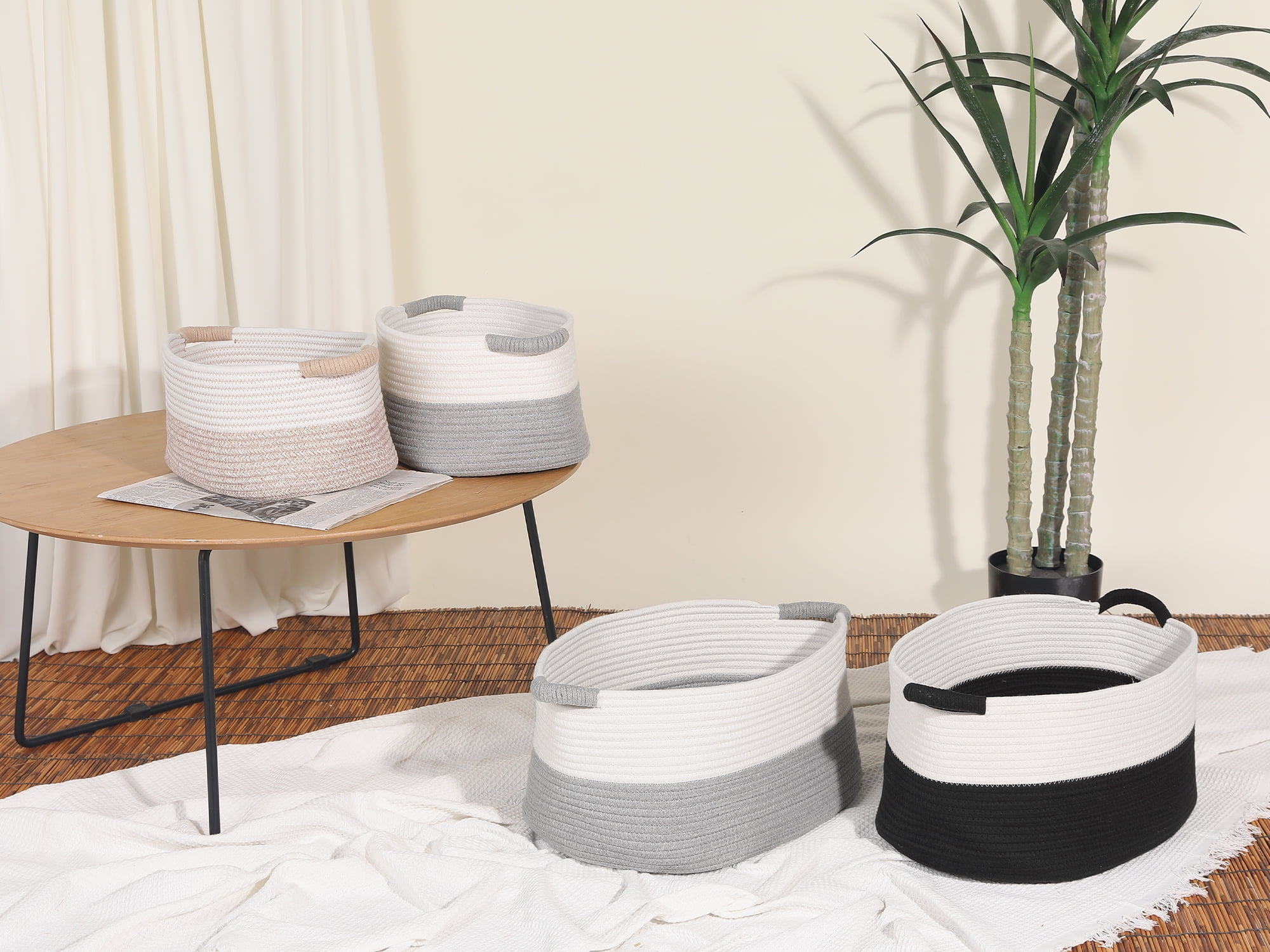 REGALWOVEN Woven Storage Basket with Handles, Shelf Closet Storage Bin White/Grey 13*9.5*7in
