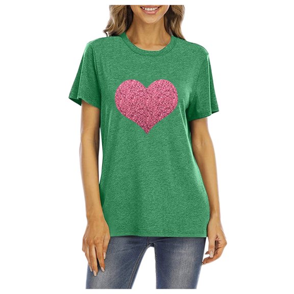 Luxalzxs Sparkly Tops for Women Plus Size Glittery Heart Graphic Valentine’s Day Short Sleeve Tees Tops Valentines Day Gifts