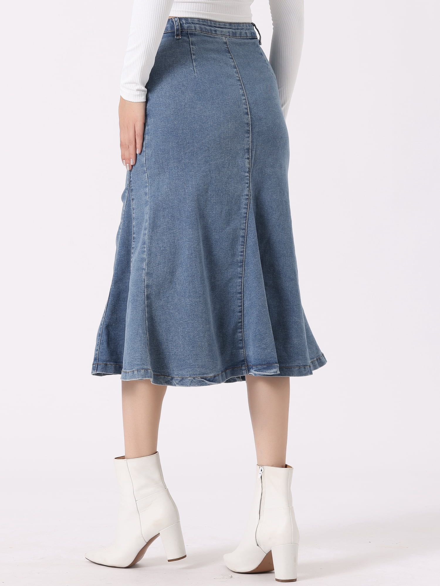 DARING DIVA Women's High Waisted A-Line Flared Midi Denim Skirt XL Blue