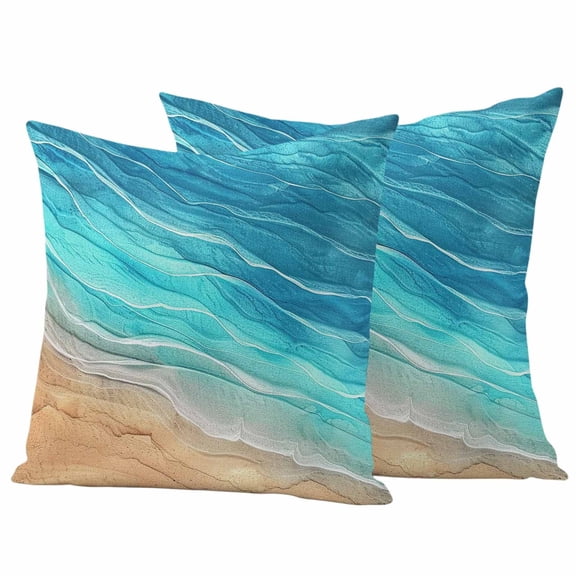 2 Pack Outdoor Waterproof Throw Pillow Covers,Beach Sea Foaming Waves Blue Ombre Decorative Square Patio Pillowcases for Chair Couch Sofa 16x16in