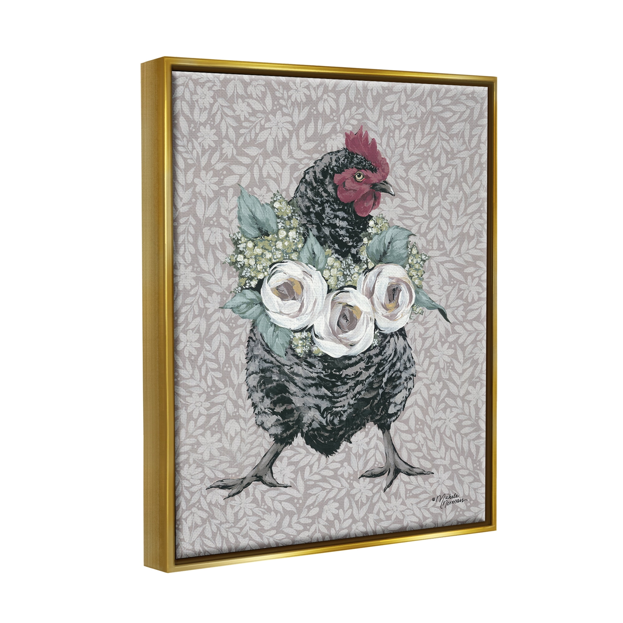 Stupell Industries Floral Patterned Hen Animals & Insects Painting Gold Floater Framed Canvas Art Print Wall Art, 17 x 21