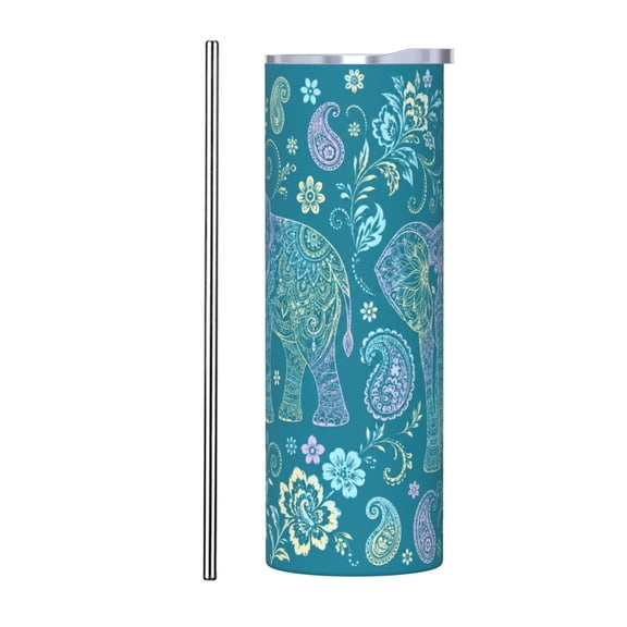 20oz Boho Elephant Paisley Tumbler with Handle and Straw Teal Insulated Travel Coffee Cup Gift with Stainless Steel Straw
