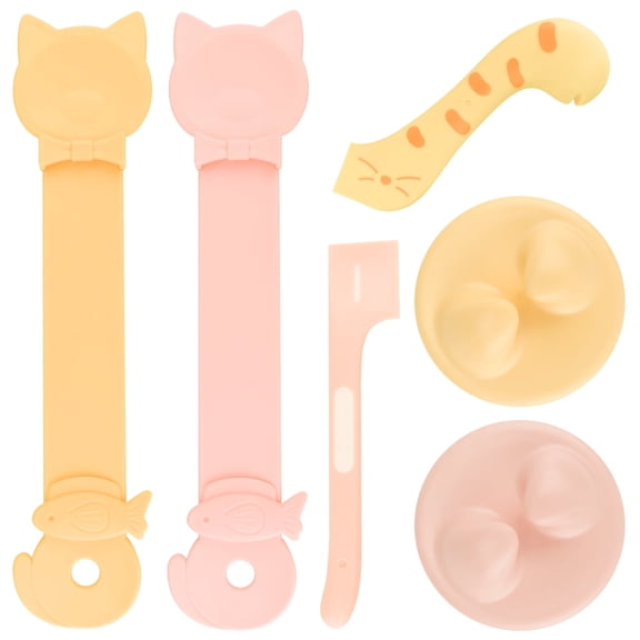 6 Pieces Wet Cat Food Can Covers Lids Set with Cat Strip Feeder Spoon, Spatula & Can Opener, Canned Pet Food Mixing & Treat Dispenser Spoon Suppliers for Feeding Dog (Pink & Yellow)