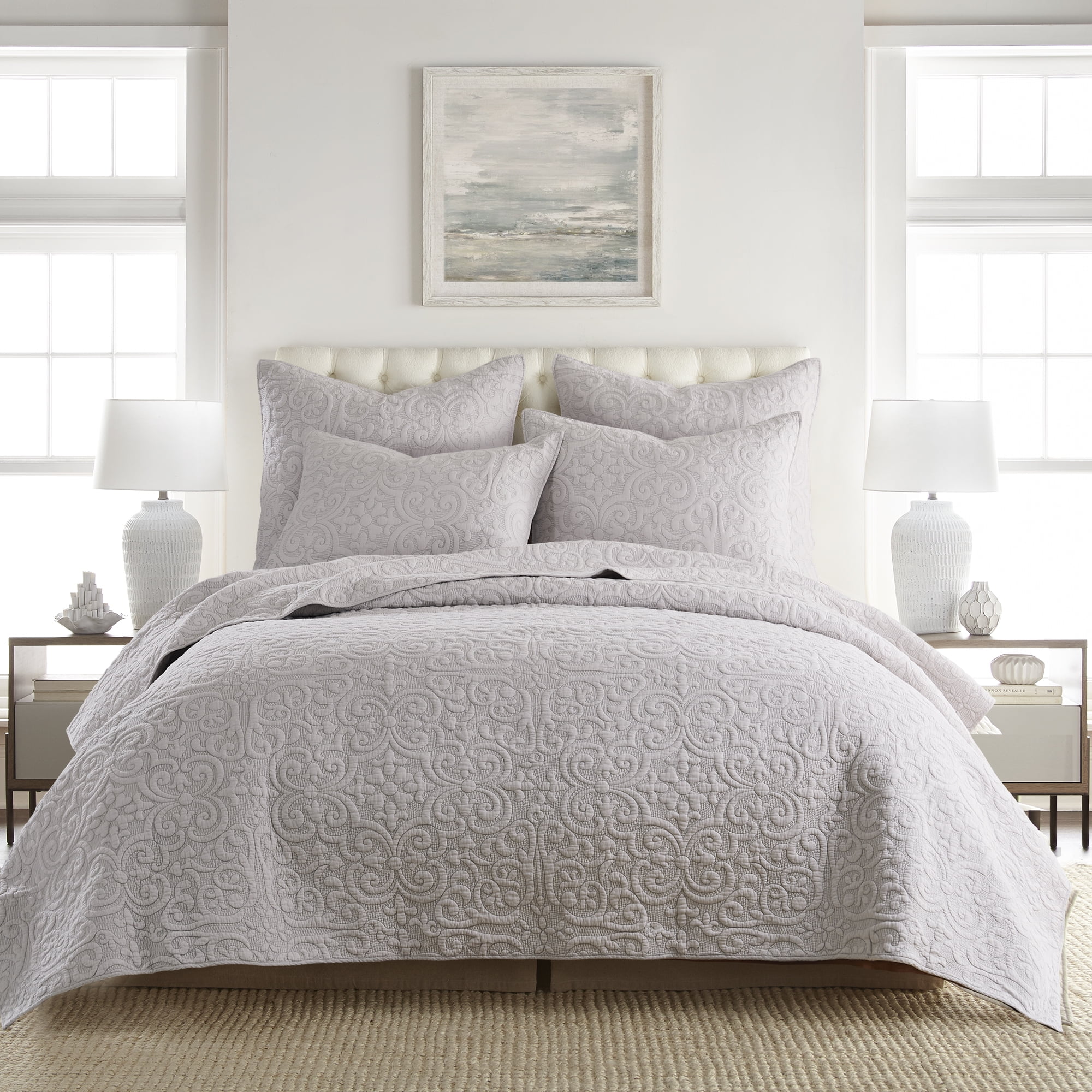 Levtex Home Birch Hill Sherbourne Quilt - Quilted Medallion White with Grey Stitch -Full/Queen Quilt (88x92) - Reversible Pattern - Cotton Front/Microfiber Reverse - Shams Sold Separately