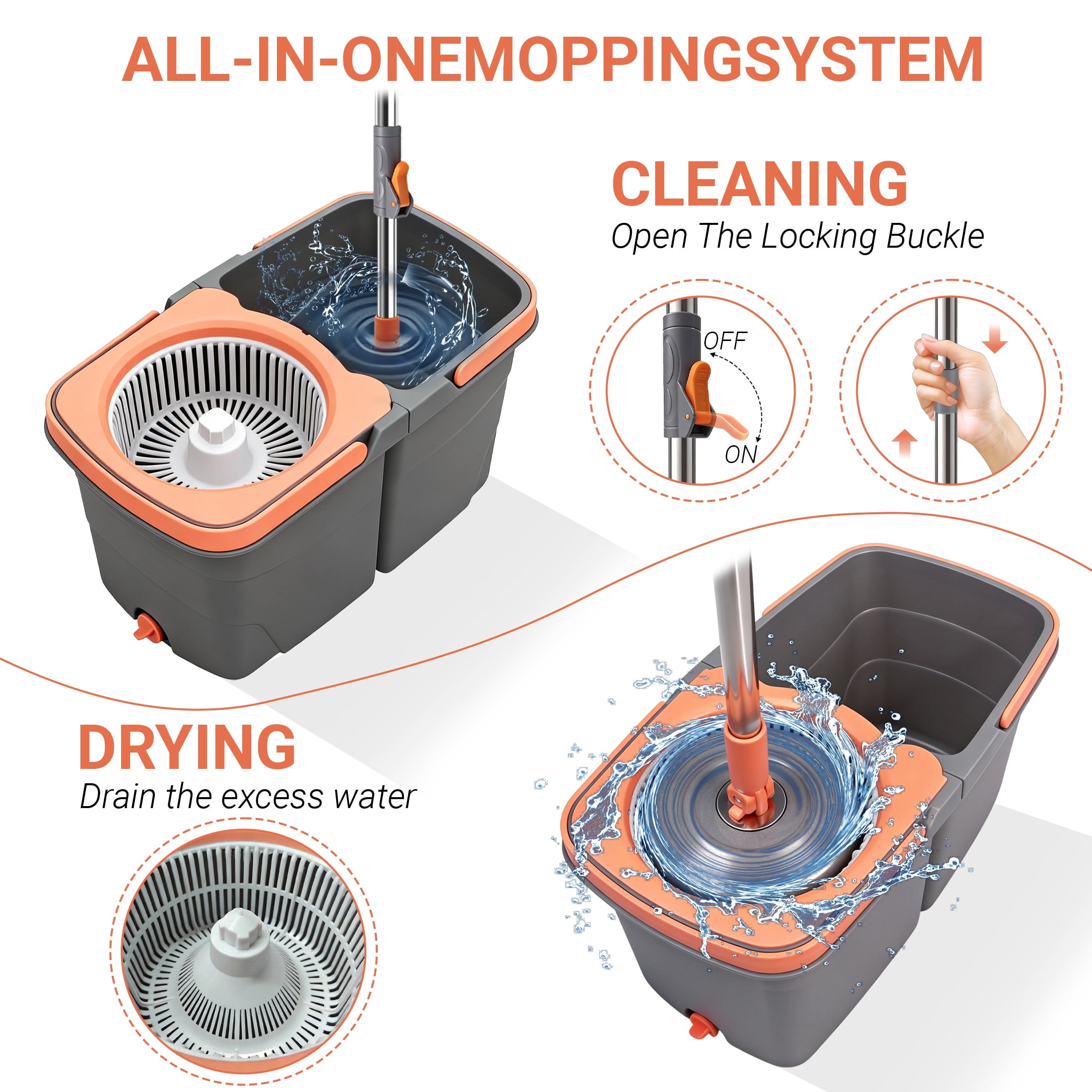 GARITIN Spin Mop and Bucket, Microfiber Mop with Wringer, Hands-Free Auto-Spin Drying, Dual-Bucket Floor Cleaning System for Hardwood Tile Marble