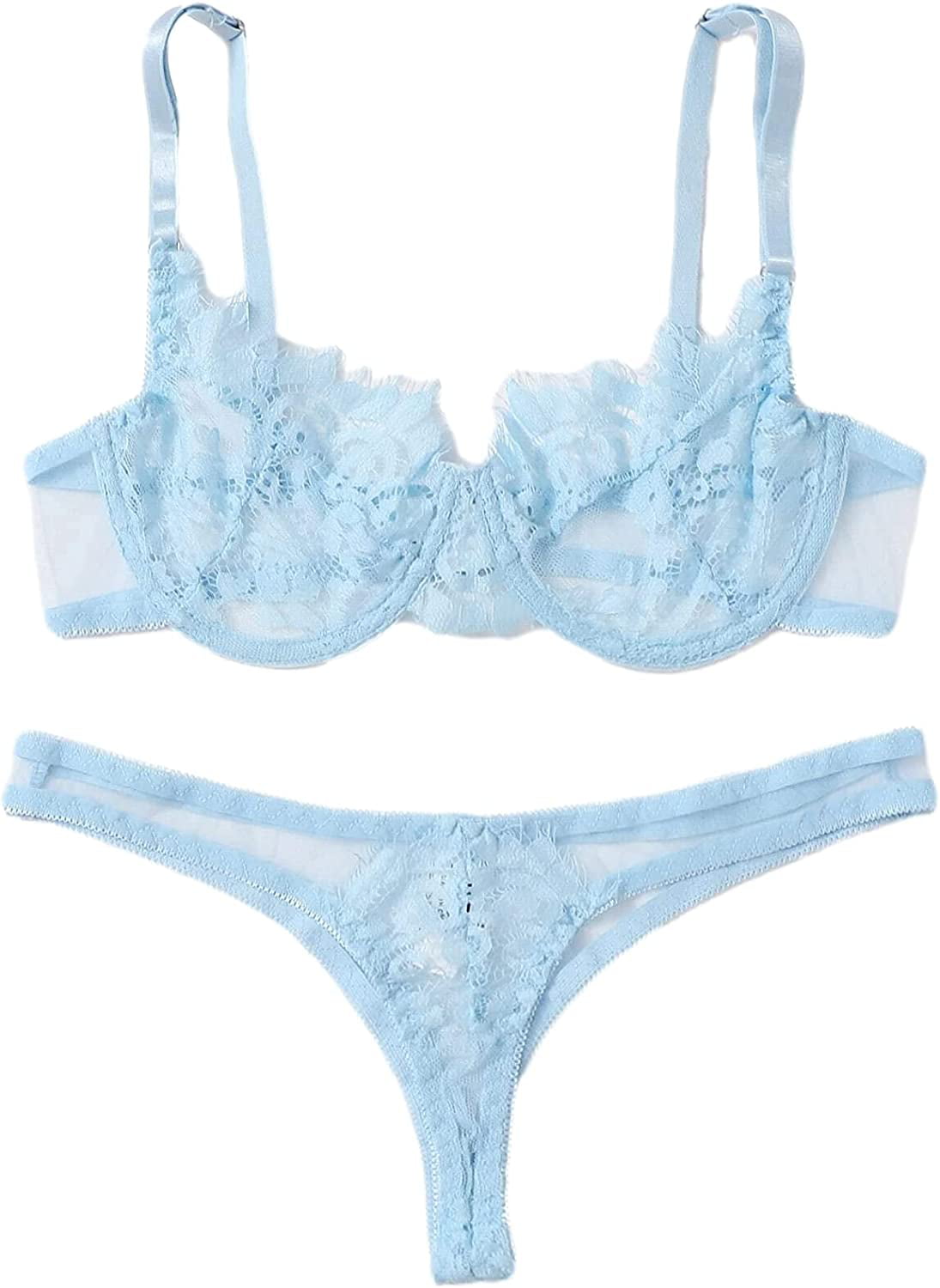 Lilosy Sexy Underwire Push Up Scallop Floral Lace Sheer Lingerie Set ...