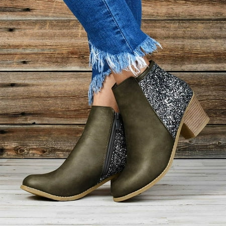 

Egmy Woman Winter Plus Size Leather Boots High Heeled Thick Heel Sequined Booties Ladies Short Boots