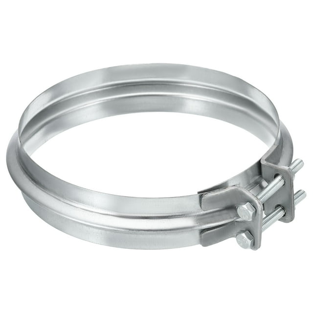 abrazadera de conducto uxcell, 6"(150mm) abrazadera en v de hierro galvanizado para conductos de ventilación y chimeneas vista frontal centrada de una abrazadera en V ajustable de 150 mm con perno de ajuste y tuercas visibles, grosor 1 mm y altura 33 mm; acabado galvanizado sobre fondo blanco, indicada para conectar conductos HVAC y chimeneas y también adecuada para acoplar mangueras de ventilación en instalaciones.