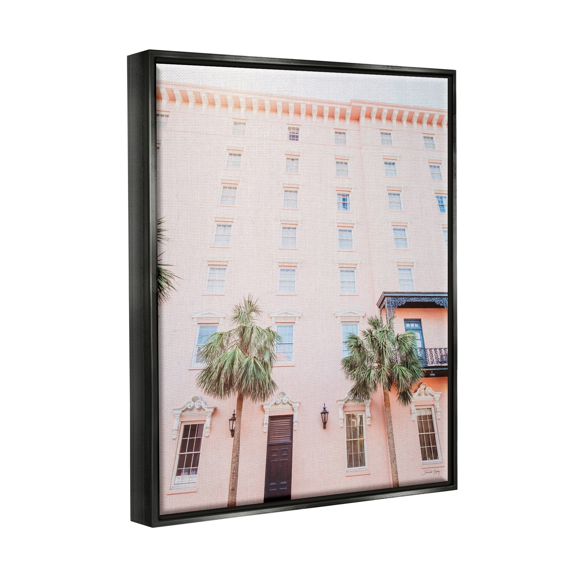 Stupell Industries Tropical Pink Vacation Building Summer Palm Trees Photograph Jet Black Floating Framed Canvas Print Wall Art, Design by Jennifer Rigsby